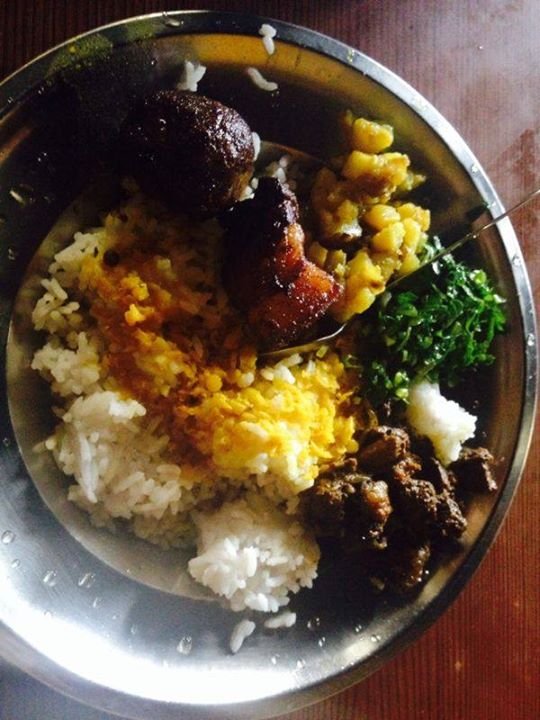 College memories...my favorite Khasi food Rice with dai, phansdhei (potato curry), dohshine (meat balls), dohjem (pork intestine), dohsnieng (pork curry), slamulli (radish leaves) turumbai (fermented soybean chutney) at mylliem village